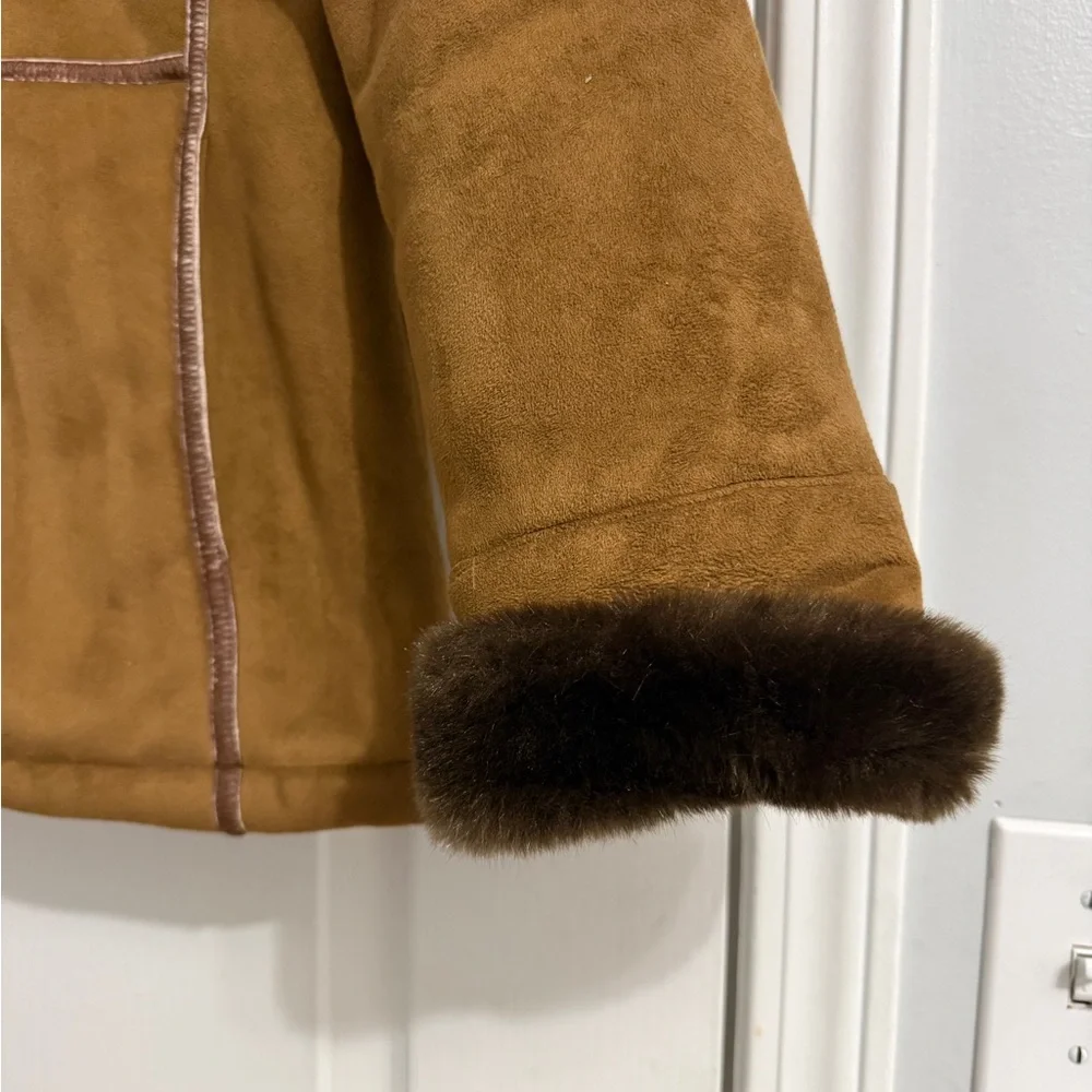 LADY HATHAWAY | Elegant Tan Teddy Jacket Faux Fur Trim Medium - Picture 3 of 11